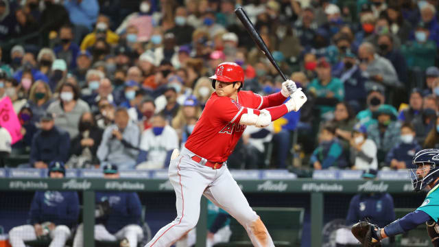 Oct 1, 2021; Seattle, Washington, USA; Los Angeles Angels designated hitter Shohei Ohtani (17) at bat against the Seattle Mariners during the fifth inning at T-Mobile Park. Mandatory Credit: Abbie Parr-USA TODAY Sports